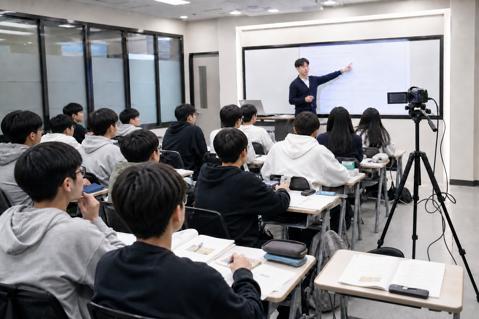 중고등학생이 참여하는 대입학원 수업과 온라인 동시 송출 장면