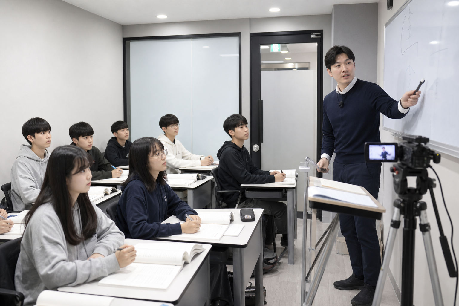 오프라인 학원 수업과 온라인 송출을 동시에 진행하는 교실